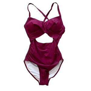 Burgundy Red One Piece Cutout Swimsuit, Push Up, Tommy Control, V-Neck, Size M